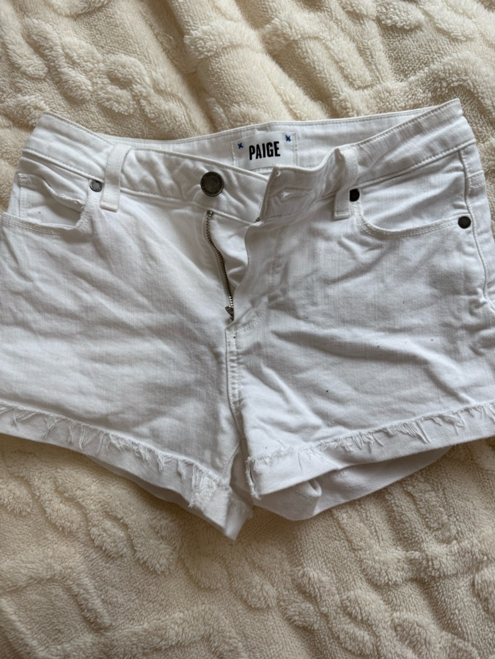 PAIGE White Frayed Hem Denim Shorts
